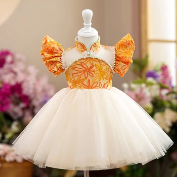 2-10Y Peen Liblikas Varruka Tulemuslikkuse Kleit Oranž Profileerimine Astmeline Kleidid Tüdruk Lapsed Ametlik Pall Kleit Sünnipäeva Kanda