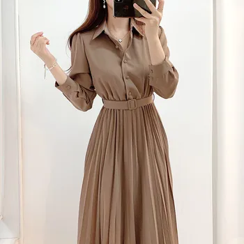 2023 Lõuna-korea kevadel riideid uus elegantne ühe karavan rinnamikrofon särk, kleit, vöö-salendav varruka pikkus plisseeritud seelik