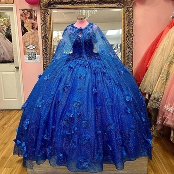 ANGELSBRIDEP Royal Blue Quinceanera Kleidid Helmed 3D Õie Appliqued Koos Cape Brithday Dance Party Vestidos De Quinceañera