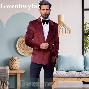 Gwenhwyfar 2021 Sügisel Trend 2-osaline Ülikond Peigmees Pulmas Smoking Mustad Püksid Parim Disain Prom Pool Meest Vein Punane Samet Ülikond