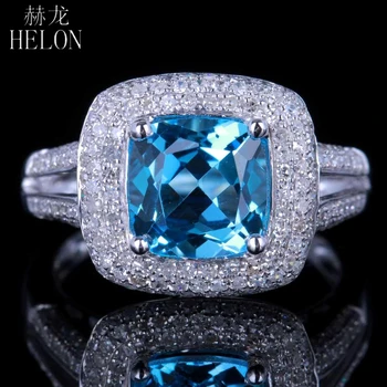 HELON Tahke 10K, 14k Valge Kuld Veatu Padi 8mm Tõeline Sinine Topaas Teemant kihlasormus Naiste Trendikas Trahvi Ehteid Kingitus