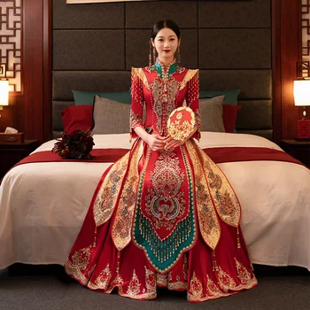 Hiina Abielu Pruut Profileerimine õhtukleit Terviseks Riided Sädelevat Punased Litrid Phoenix Tikandid Pulm Kleit китайская одежда