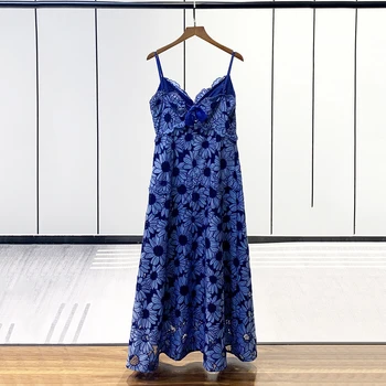 Kolme-mõõtmeline daisy konks lill, V-kaeluse jaoks seksikas päitsed kleit 2023 suvel uus elegantne šikk pits tikand sinine ametlik kleidid