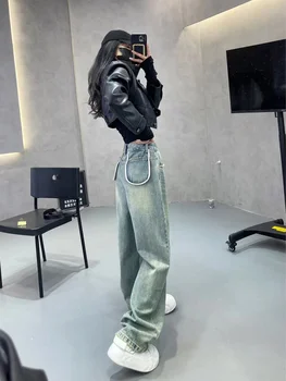 Korea versioon mood tasku sirged teksad naine Y2K suured Lahtised näita õhuke lai jalg püksid suured denim püksid
