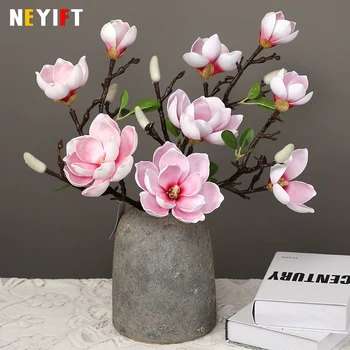 Kõrge Kvaliteediga 70cm Magnolia Reaalne Touch Kimp Lille 3 Pead PU Kunstlik Lill Korra Pulmas Kodus Elavate Decor