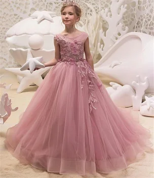 Pink Flower Girl Kleidid Pits Tülli Profileerimine Appliqued Võistlused Tüdrukud Esimene Õhtusöömaaeg Kleidid, Tanssiaiset Kleidid, Lapsed