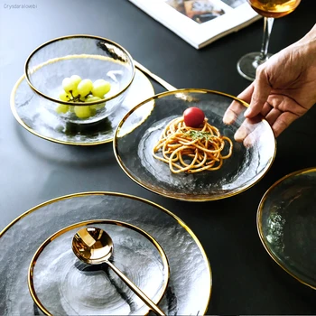 Põhjamaade Stiilis Kuld Rim Klaas Õhtusöök Plaat Läbipaistev Magustoit Kaussi Lääne-Roog Loominguline Salat Plaat, Puu-Plaat Dinnerware Komplekti
