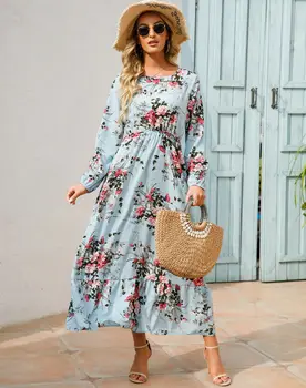 Ramadan seal kaftan Dubai Luksuslik maxi kleit, Pikad Kleidid Õie Printida ümber kaela Elegantne Vabaaja Pool Kleit Moslemi Naiste Rõivad