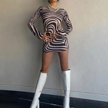 Seksikas Zebra Trükkimine Trendikas Street Pikad Varrukad Mini Backless Kleidid Bodycon Naiste 2021 Sügis-Talvine Mood Pool Kleit Naine