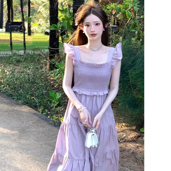 Sõidab Varruka Ava Tagasi Vibu Kleit Naiste Elegantne Magus Lilla Lavendel Kleit Naiste Suvel 2023 korea Stiilis