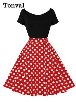 Tonval Kahe Tooni Segast Polka Dot Vintage Suve-Line Kleit Naiste 2023 Maha Õla Lühikese Varrukaga Kleidid Elegantne Pidu