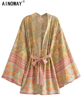 Vintage Multi Õie Printida Naiste Bohemian Kimono Beachwear Batwing Varrukad Rayon Rüü Beach Boho Bikiinid Cover-ups