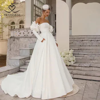 Vintage-Pärlid Pulm Kleit 2023, Millel On Taskud Satiin-Line Beach Princess Bride Kleit SwanSarah L177 Pluss Suurus Vestido De Noiva